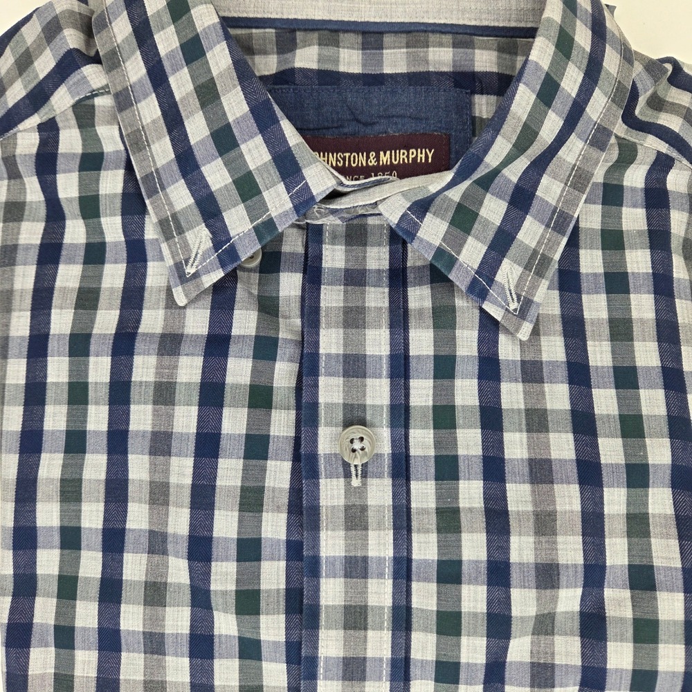Johnston & Murphy Mens Medium‎ Blue Grey Gingham Check Cotton Button Down Shirt